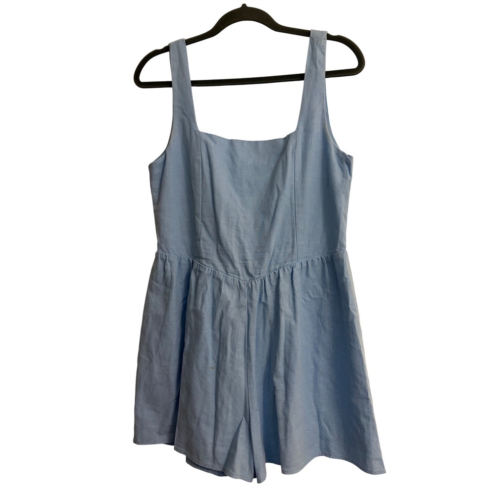 Linen Blend Square‎ Neck Romper Light Blue Sleeveless Shorts Jumpsuit Medium